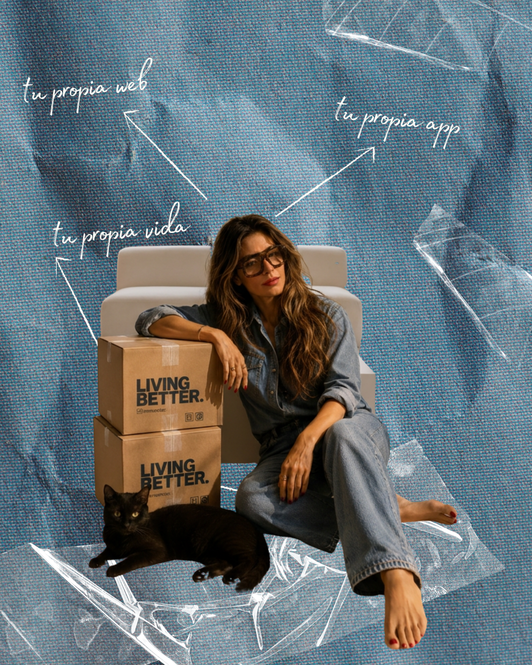 Marcela vestida de jean junto a dos cajas, un sillón y un gato, sobre una composición de textura vaquera